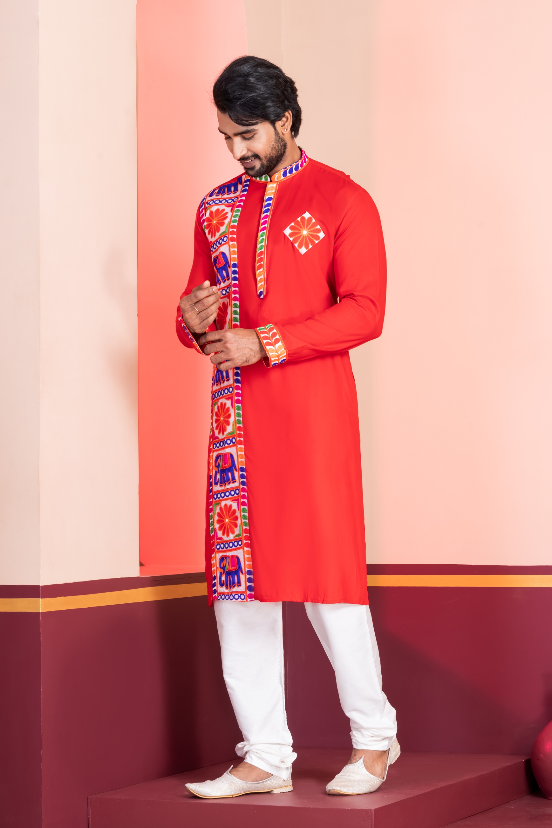 Red Floral Embroidery Rayon Kurta Pyjama