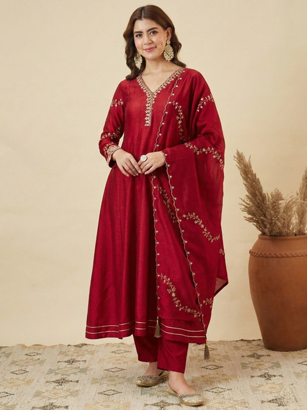 Red Floral Embroidery Silk Kurta Set