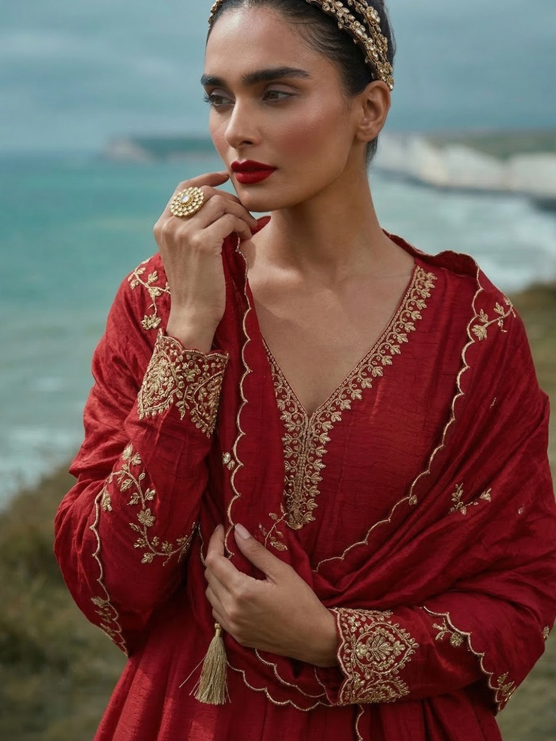 Red Floral Embroidery Silk Kurta Set