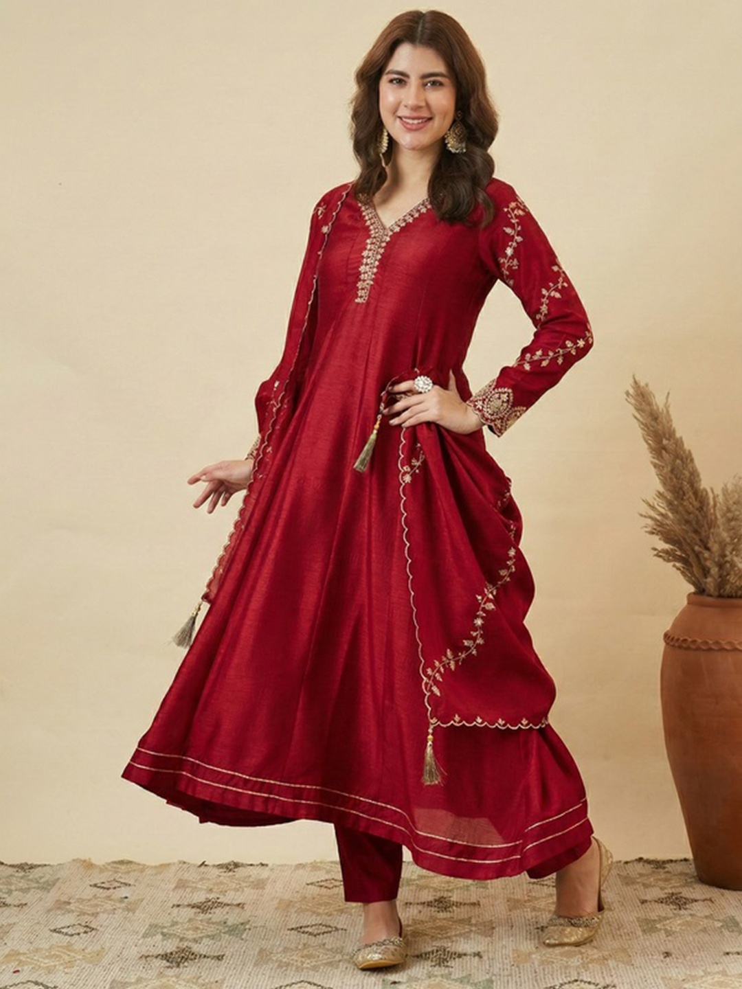 Red Floral Embroidery Silk Kurta Set