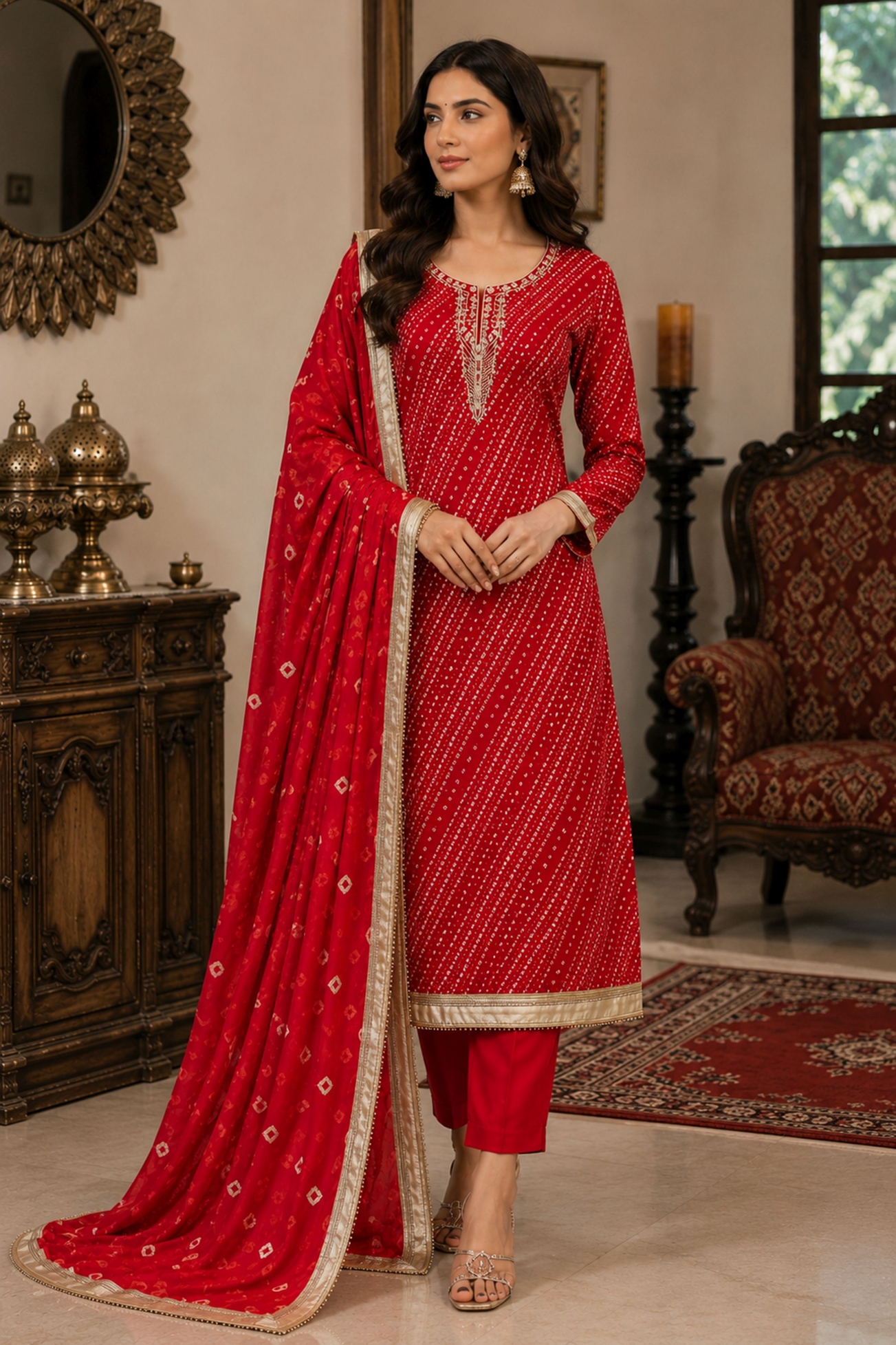 Red Floral Handwork Jam Cotton Straight Suit