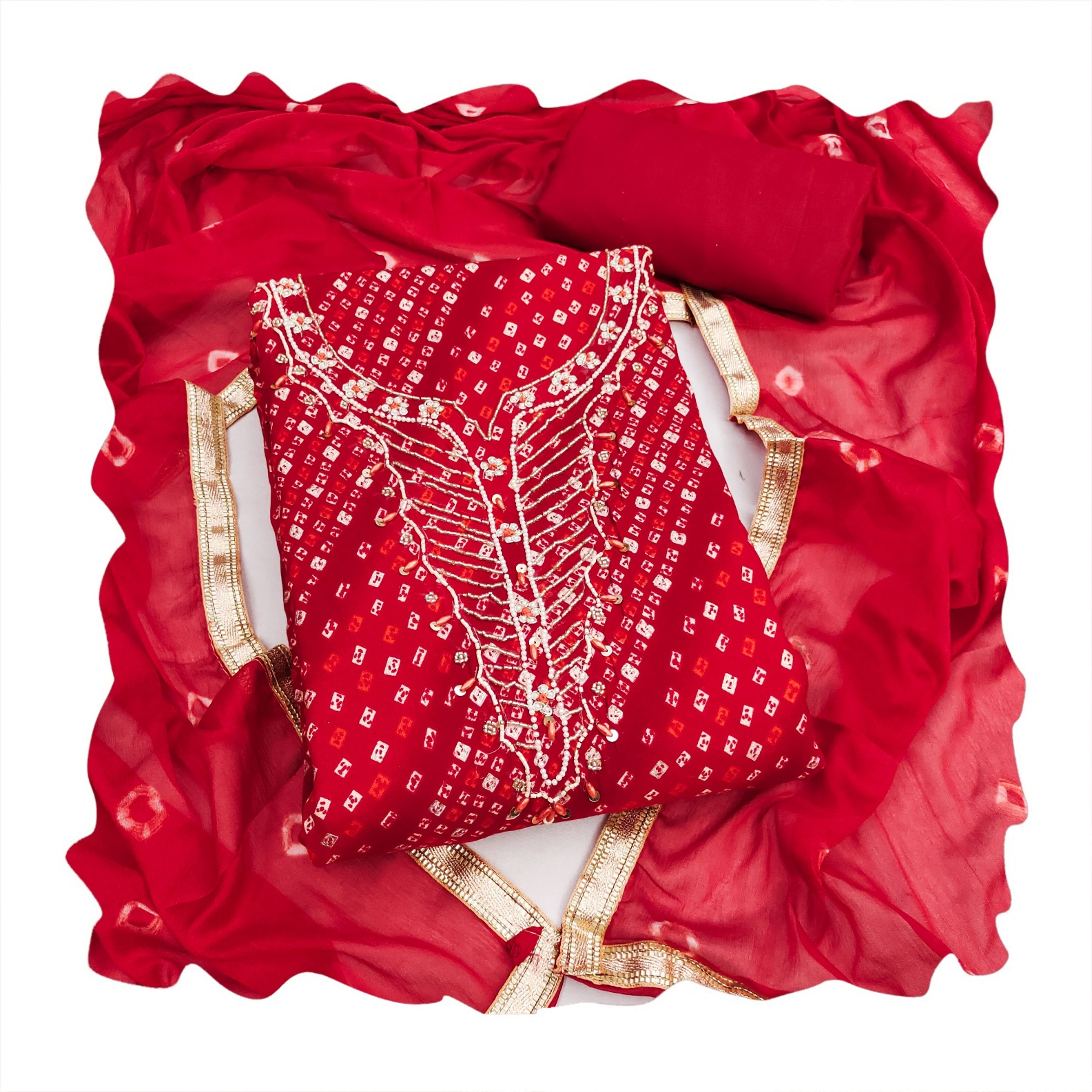 Red Floral Handwork Jam Cotton Straight Suit — alternate view