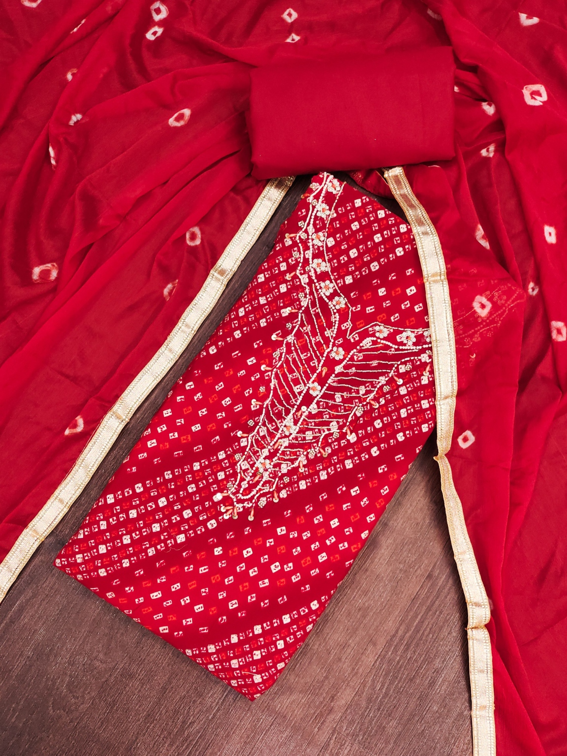 Red Floral Handwork Jam Cotton Straight Suit