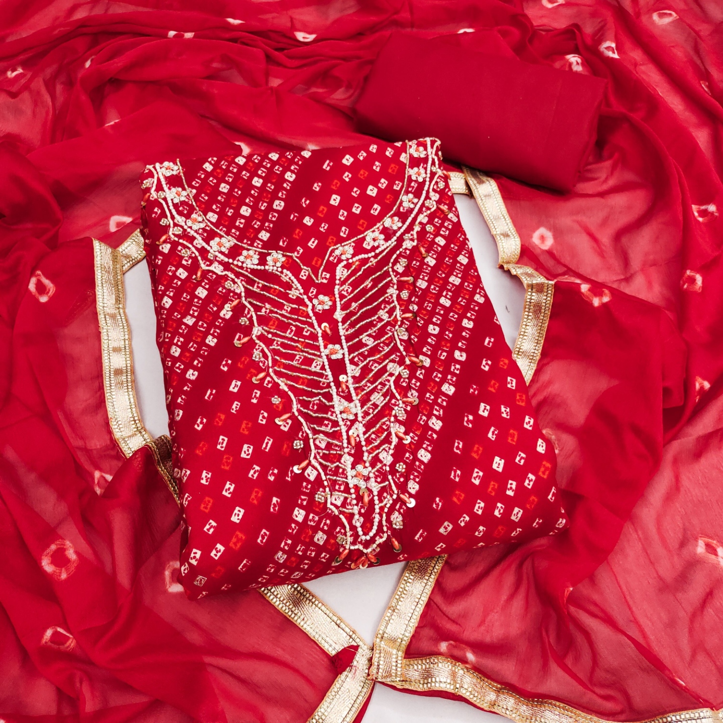 Red Floral Handwork Jam Cotton Straight Suit