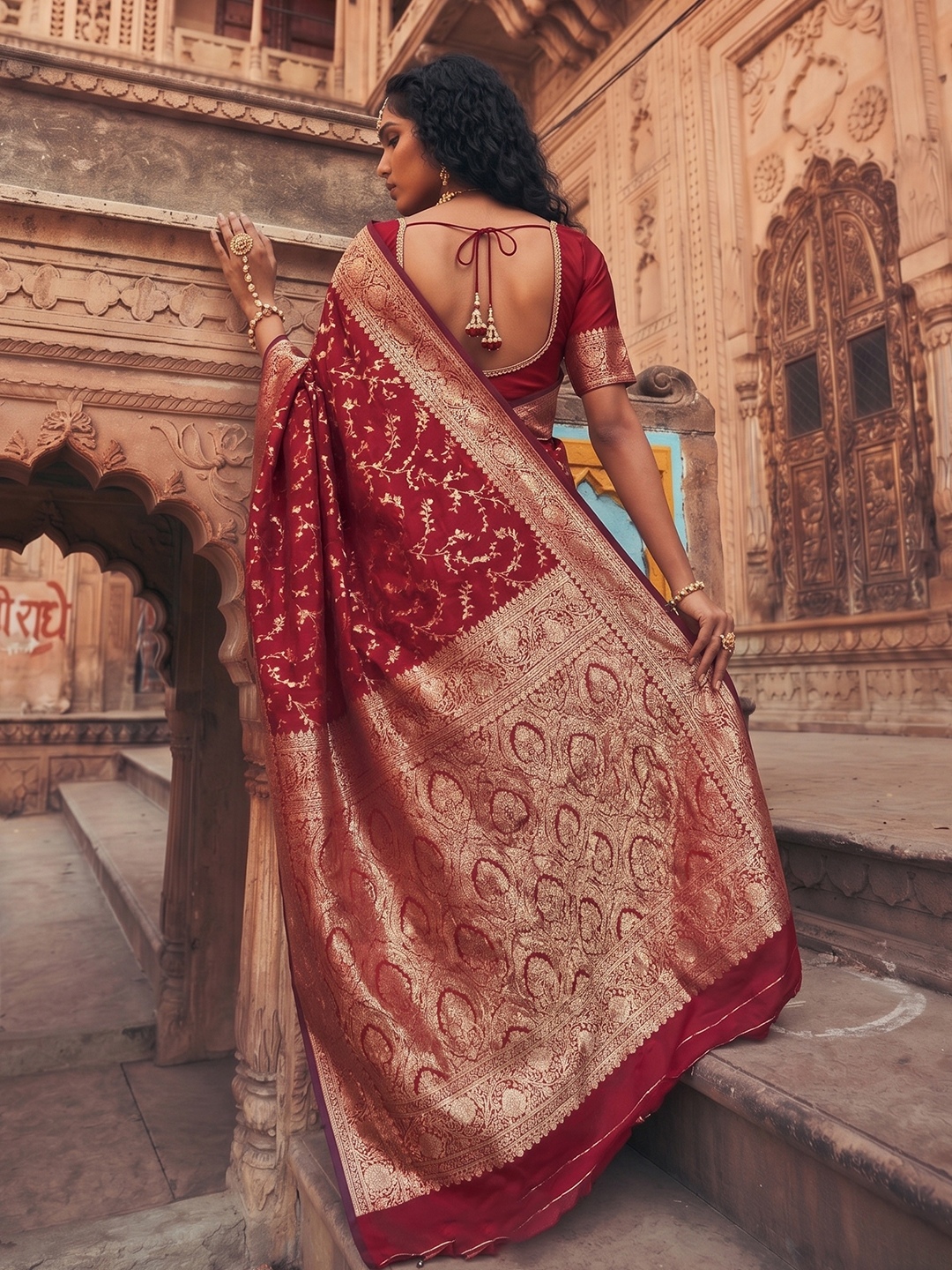 Red Floral Jaal Art Silk Saree — alternate view