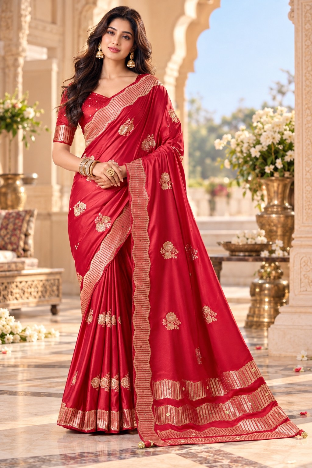 Red Floral Jacquard Satin Tissue Saree