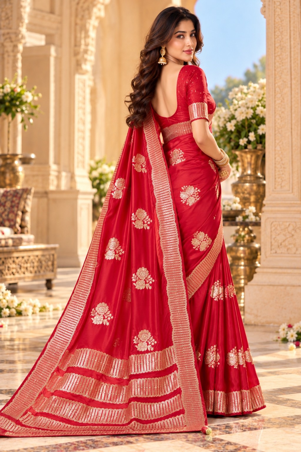 Red Floral Jacquard Satin Tissue Saree — alternate view