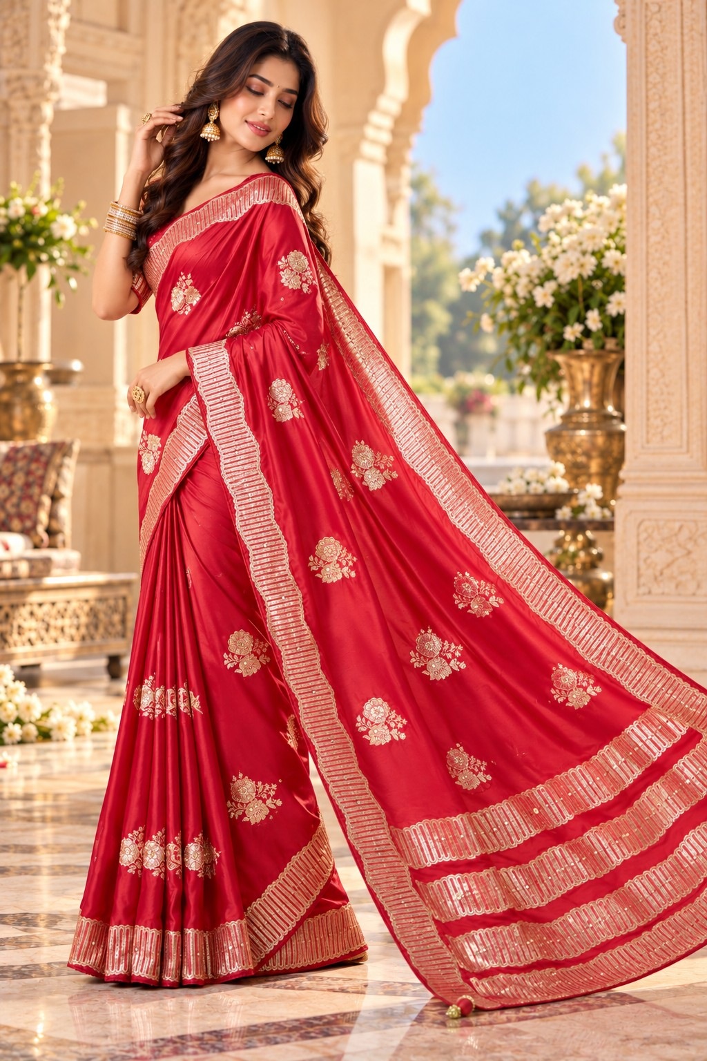 Red Floral Jacquard Satin Tissue Saree