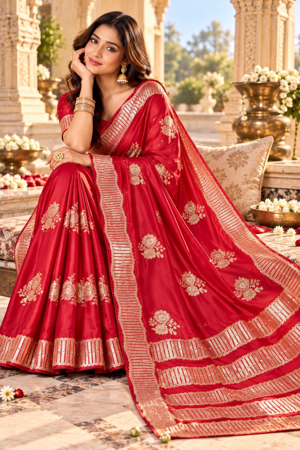 Red Floral Jacquard Satin Tissue Saree