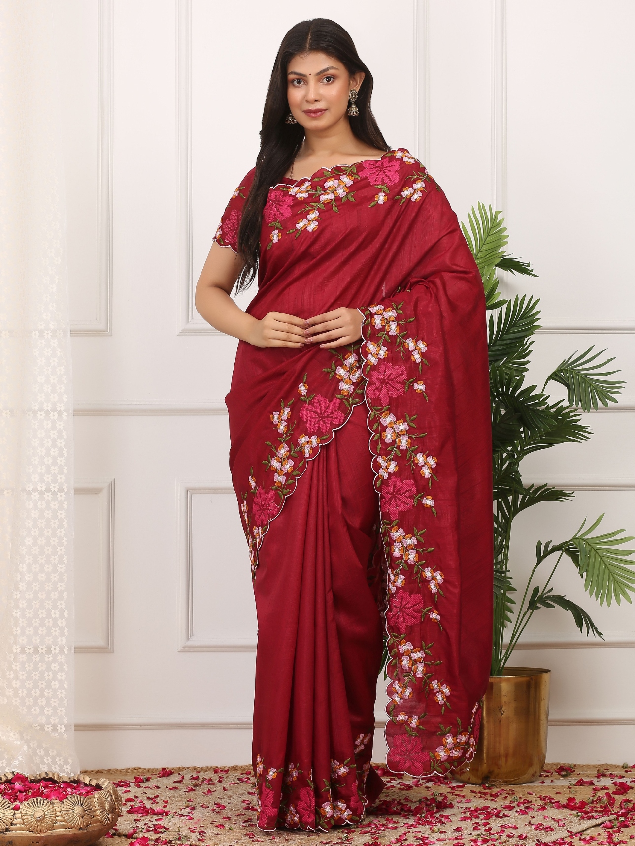 Red Floral Multi Thread Embroidered Manipuri Silk Saree