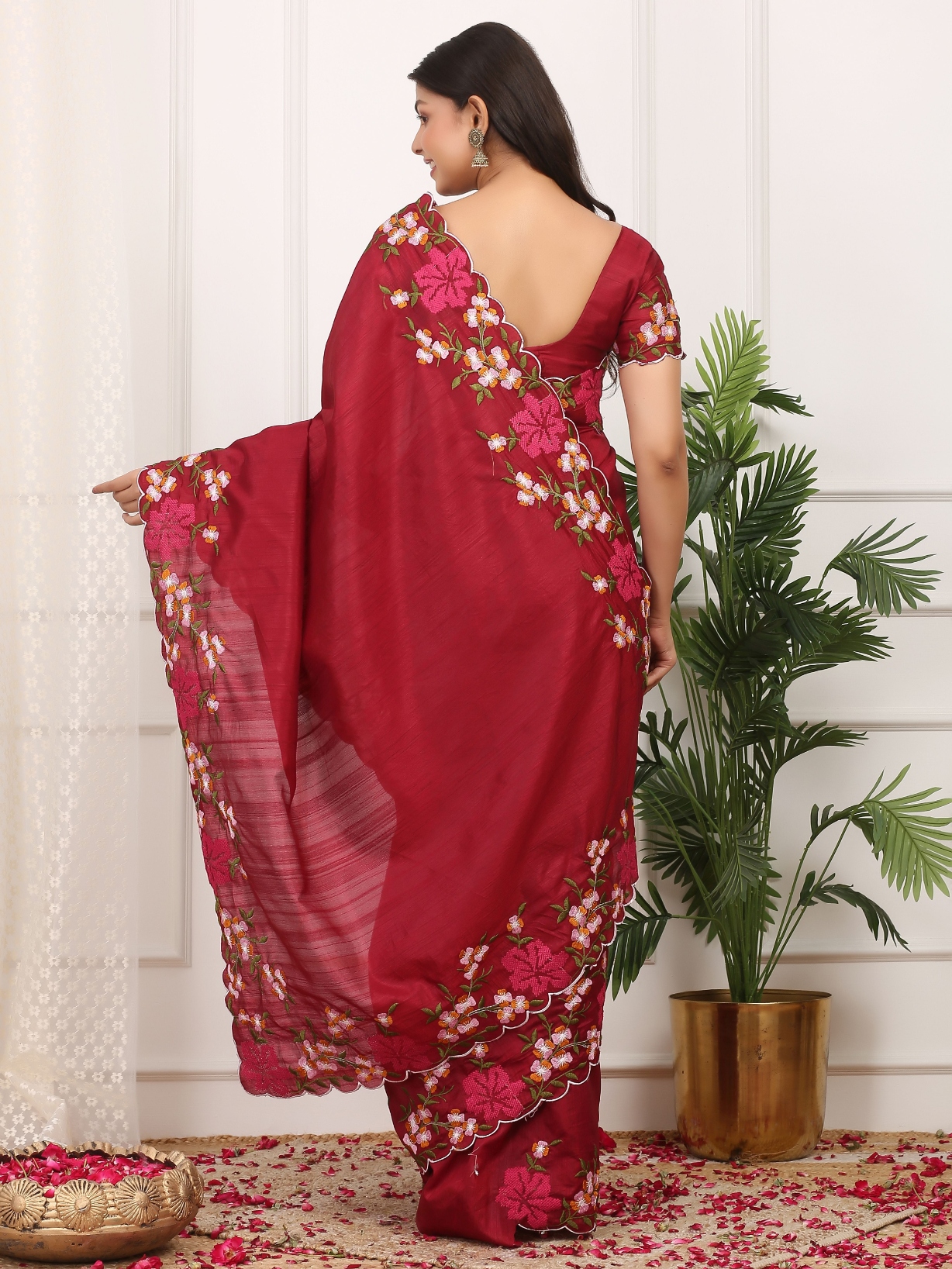 Red Floral Multi Thread Embroidered Manipuri Silk Saree — alternate view