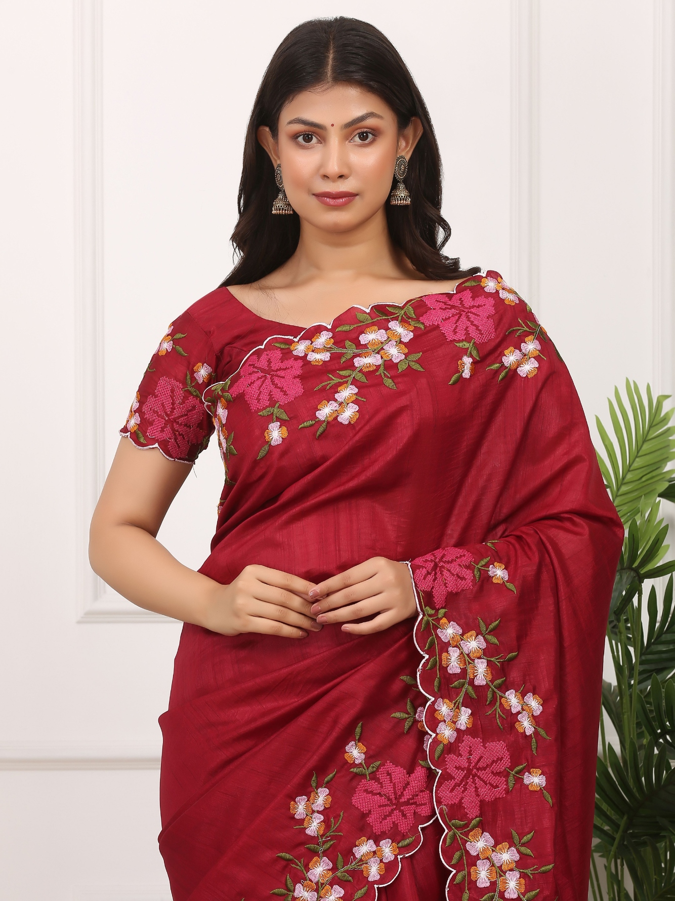 Red Floral Multi Thread Embroidered Manipuri Silk Saree