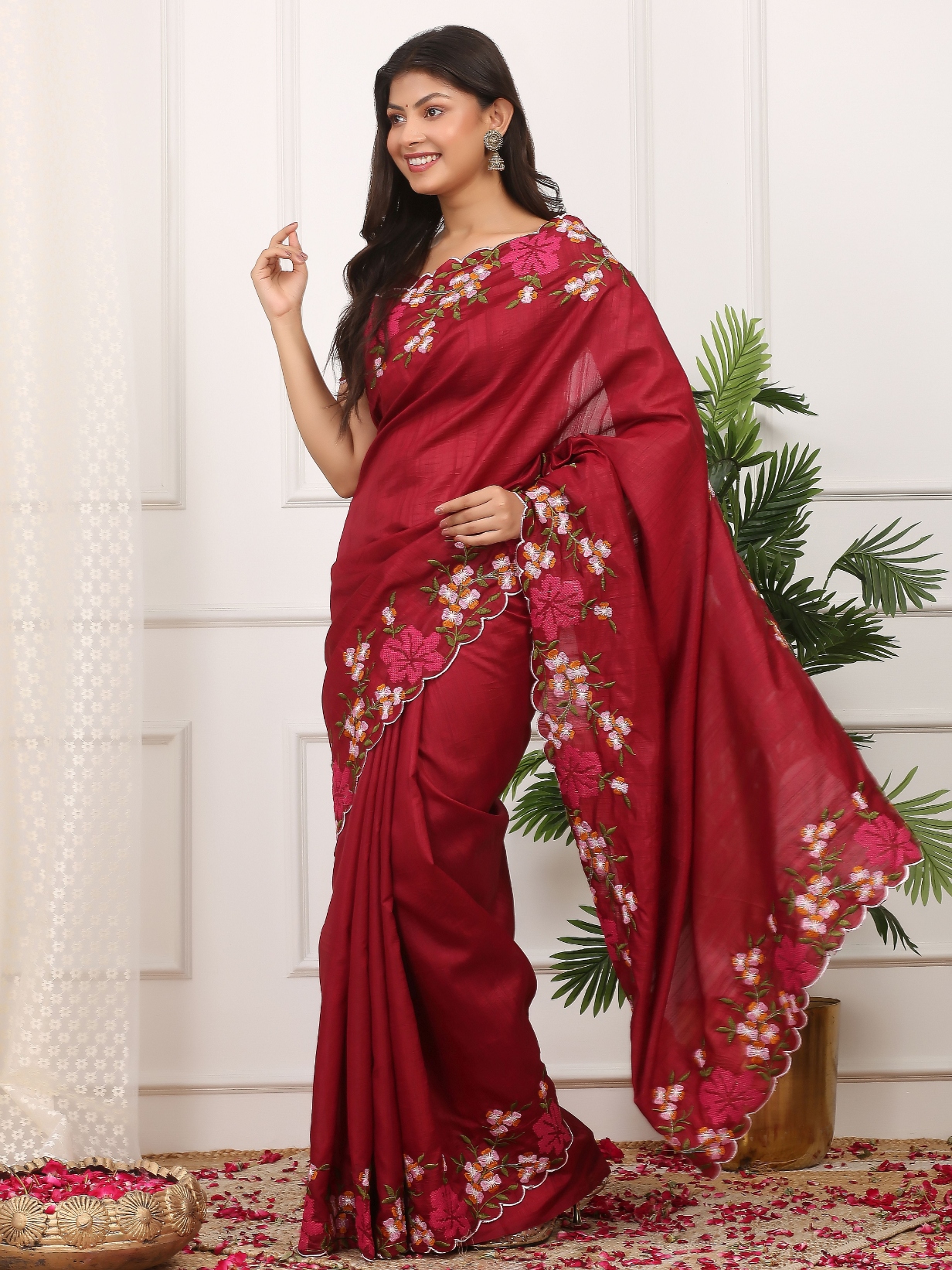 Red Floral Multi Thread Embroidered Manipuri Silk Saree
