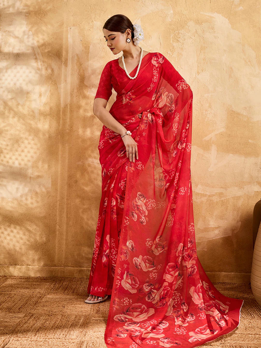 Red Floral Printed Chiffon Saree
