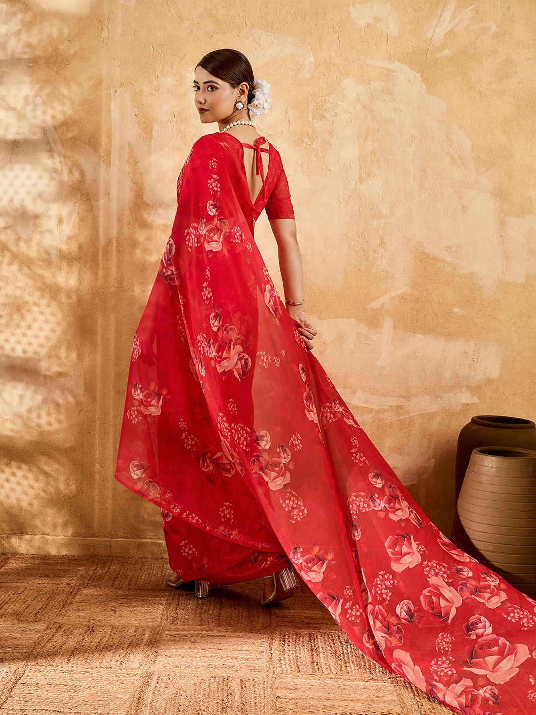 Red Floral Printed Chiffon Saree — alternate view