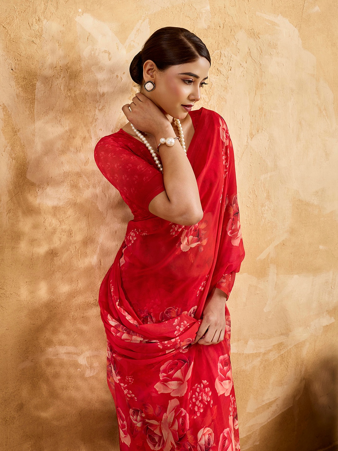 Red Floral Printed Chiffon Saree