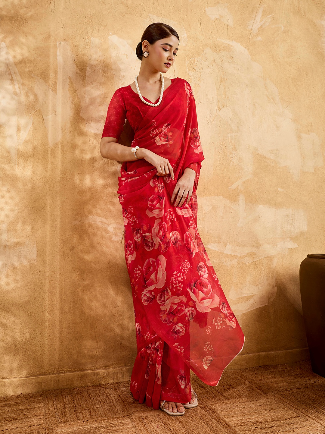 Red Floral Printed Chiffon Saree