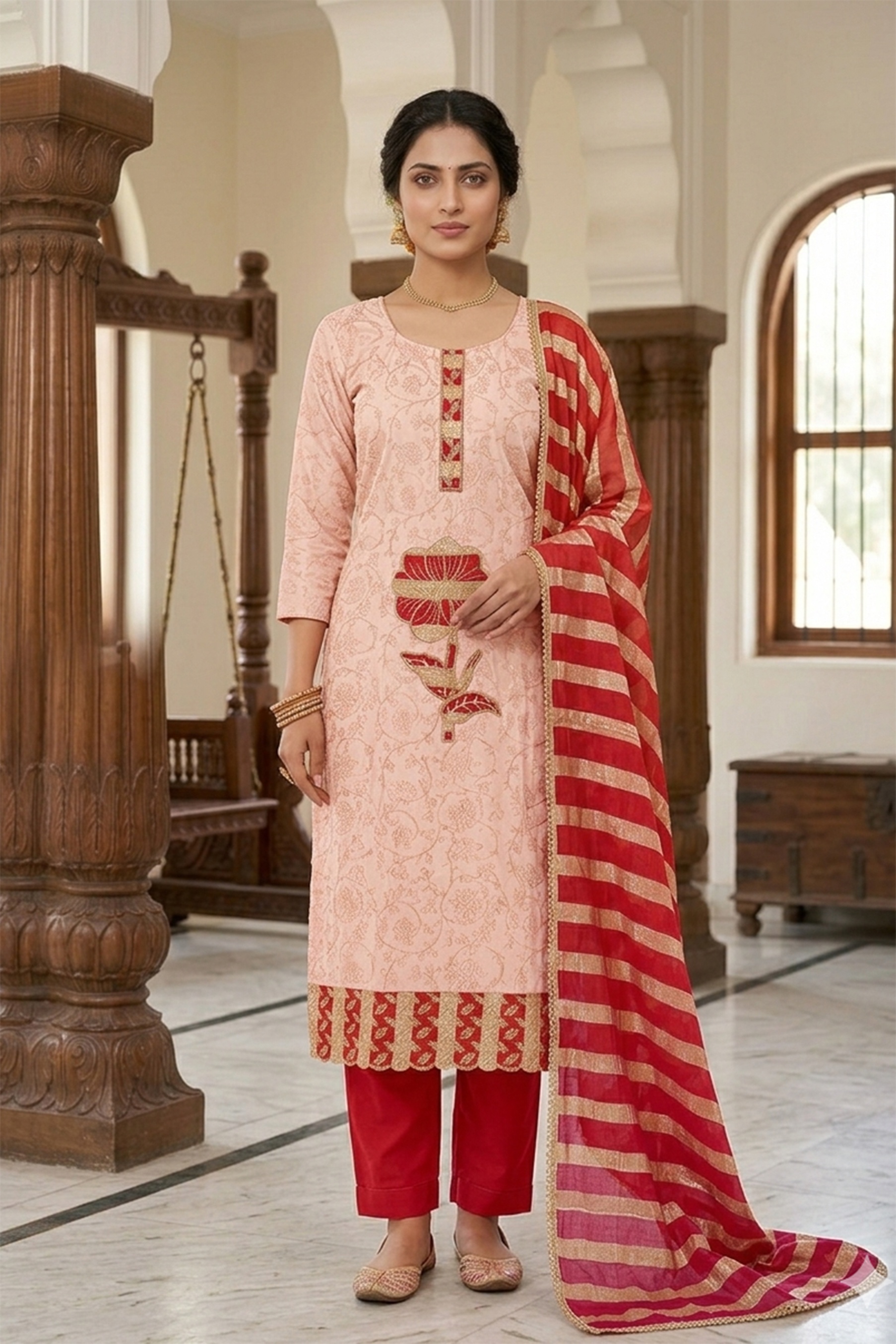 Red Floral Printed Jam Cotton Salwar Suit