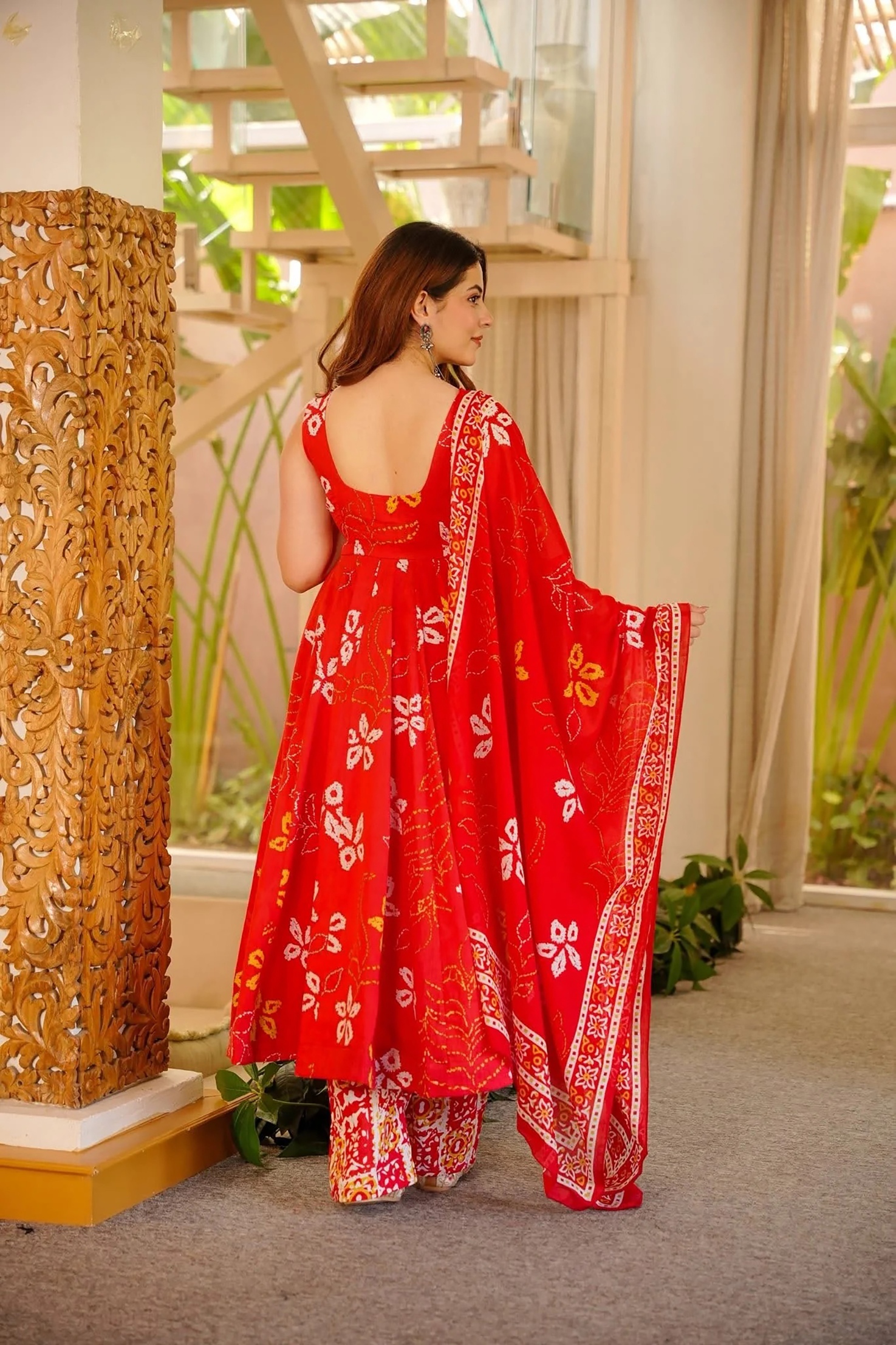 Red Floral Printed Muslin Anarkali Suit — alternate view