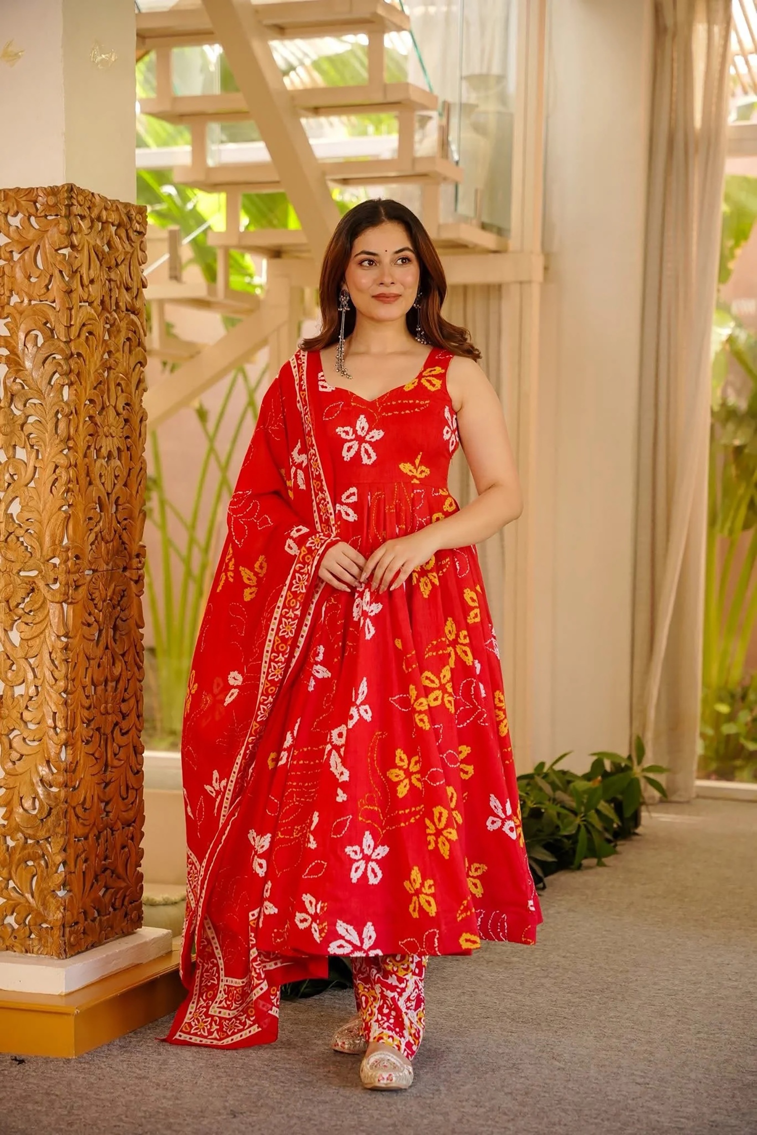 Red Floral Printed Muslin Anarkali Suit
