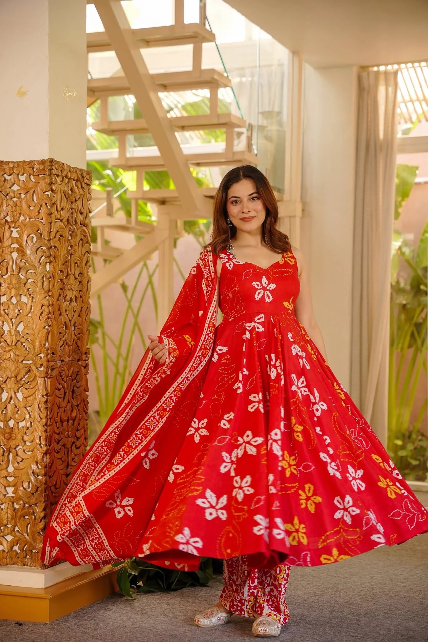 Red Floral Printed Muslin Anarkali Suit
