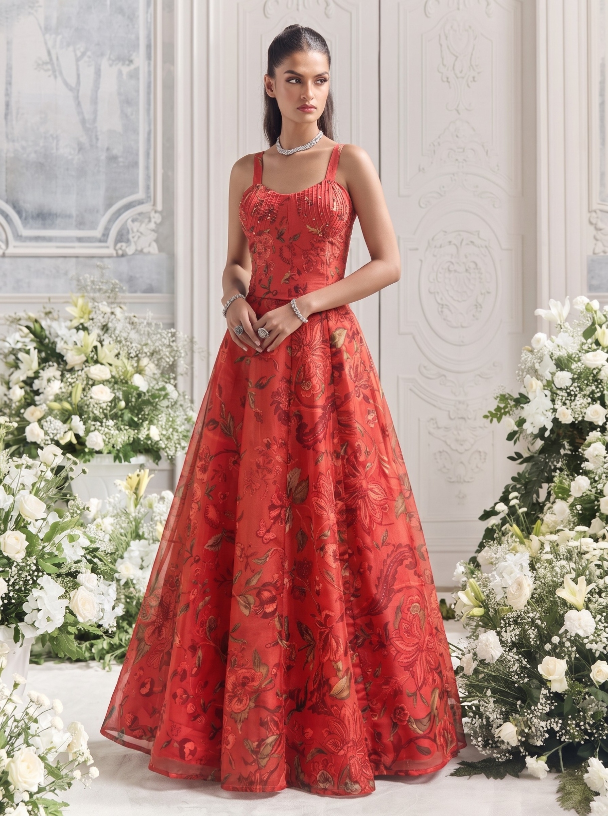 Red Floral Printed Tabby Organza Lehenga Choli