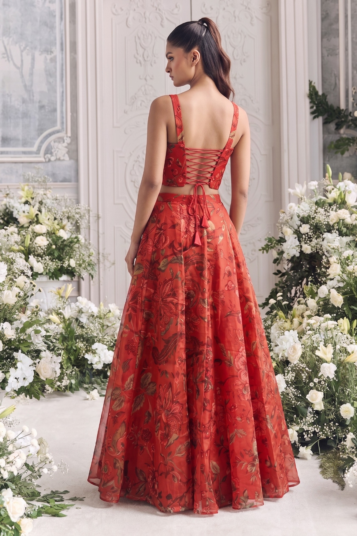 Red Floral Printed Tabby Organza Lehenga Choli — alternate view