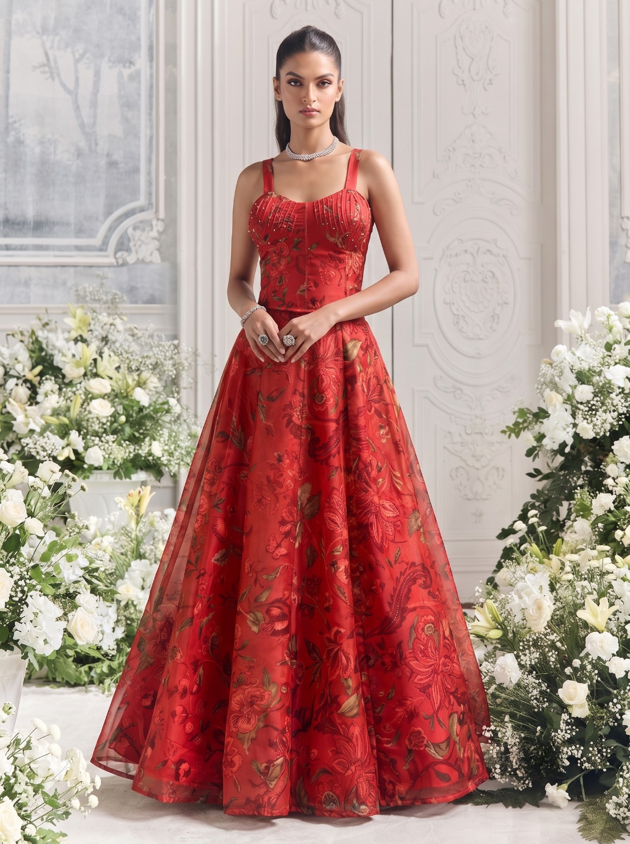 Red Floral Printed Tabby Organza Lehenga Choli
