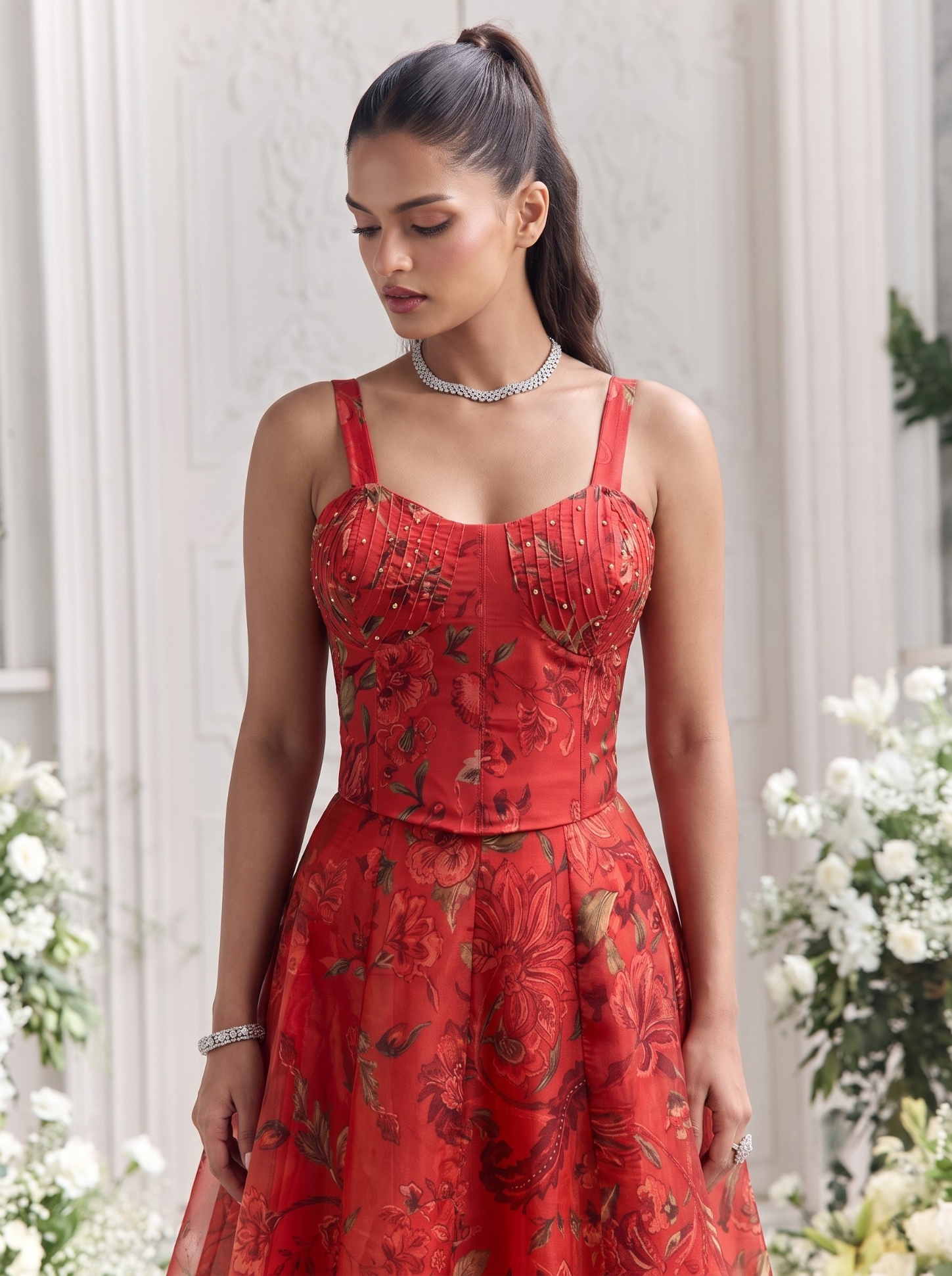 Red Floral Printed Tabby Organza Lehenga Choli