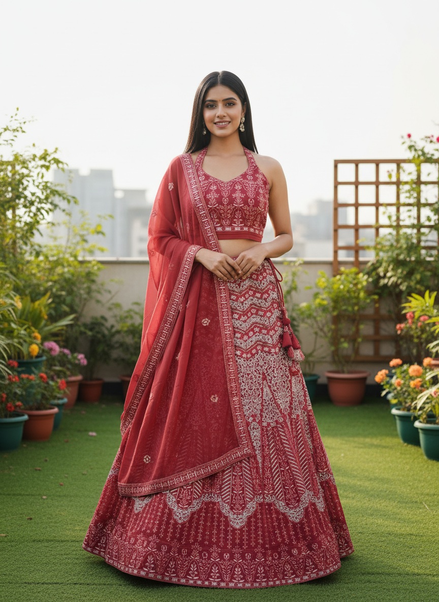 Red Floral Sequins Faux Georgette Lehenga Choli