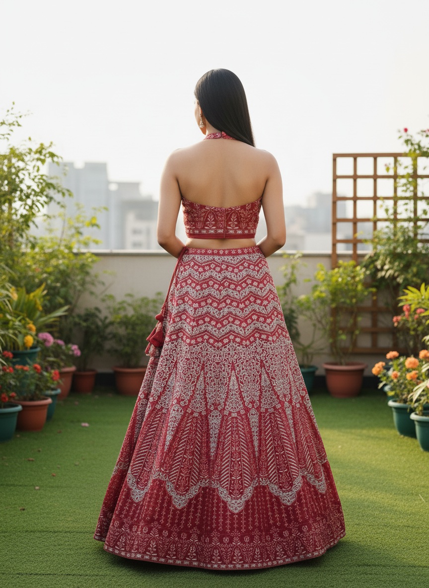 Red Floral Sequins Faux Georgette Lehenga Choli — alternate view