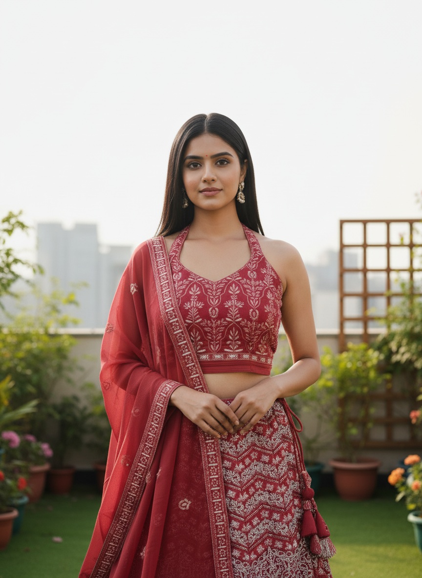 Red Floral Sequins Faux Georgette Lehenga Choli