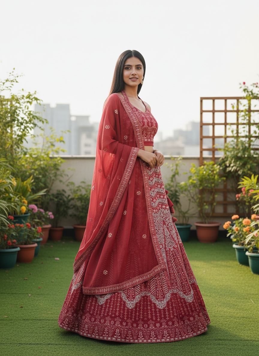 Red Floral Sequins Faux Georgette Lehenga Choli
