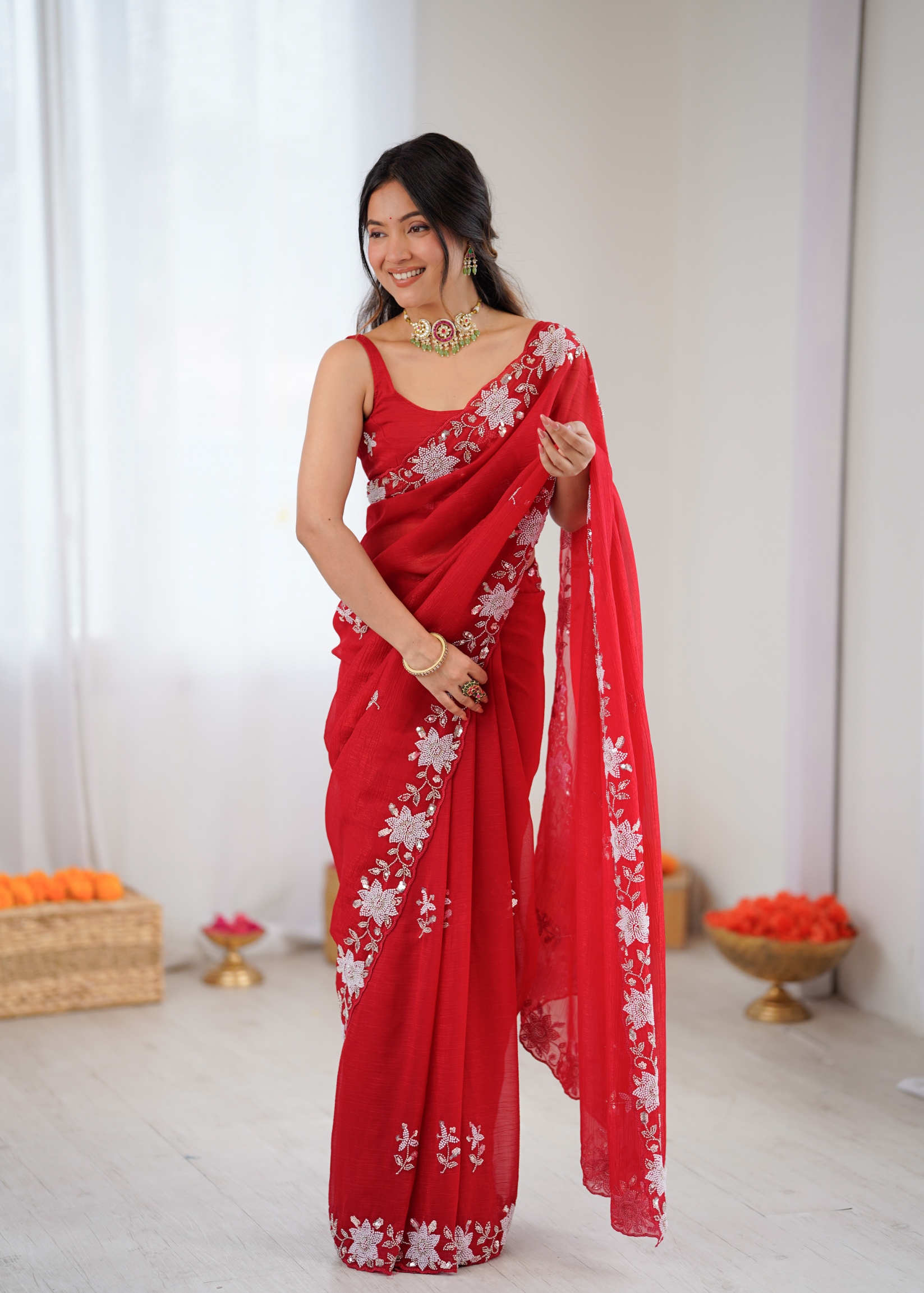 Red Floral Sequins Fendy Satin Saree