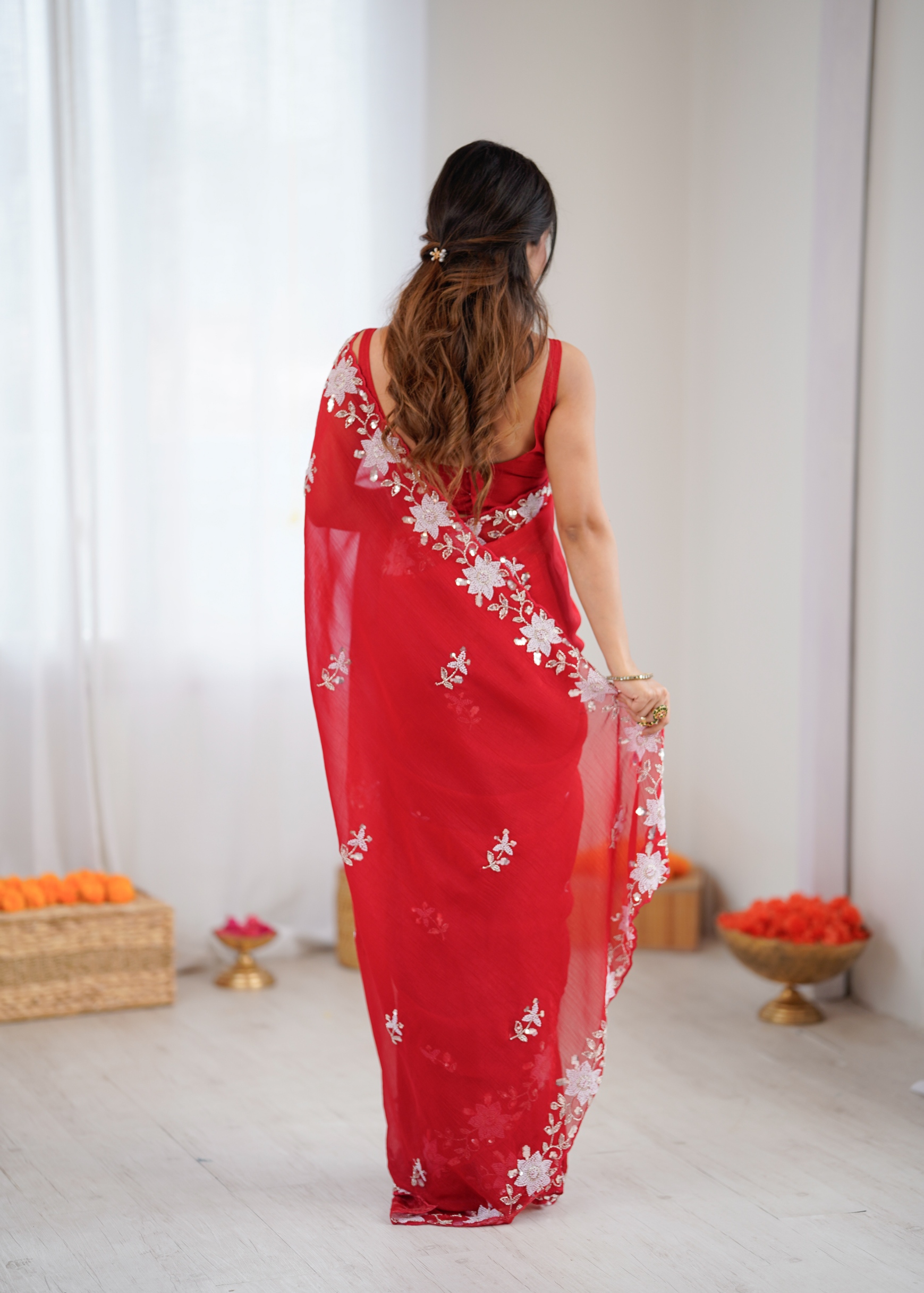 Red Floral Sequins Fendy Satin Saree — alternate view