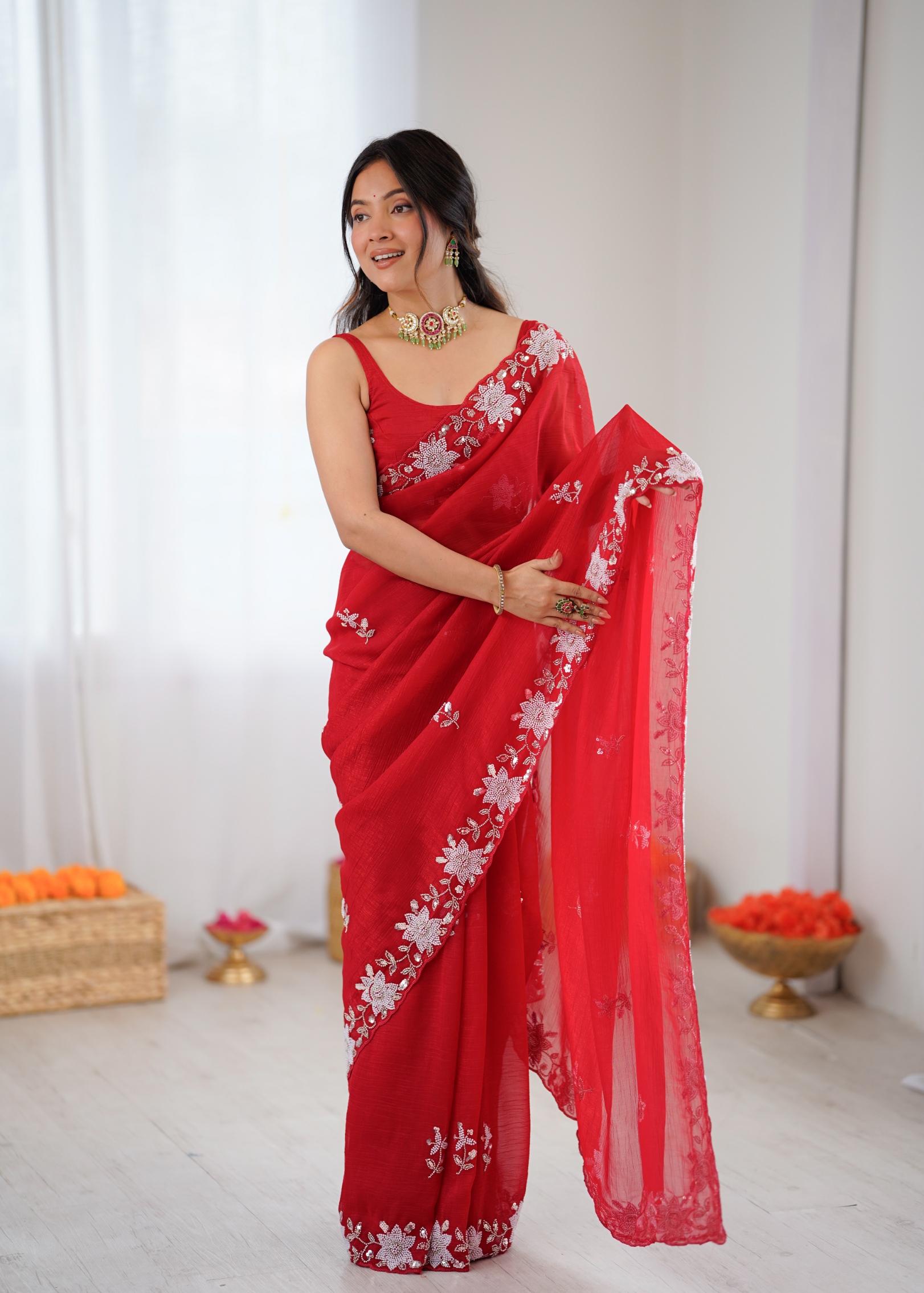 Red Floral Sequins Fendy Satin Saree