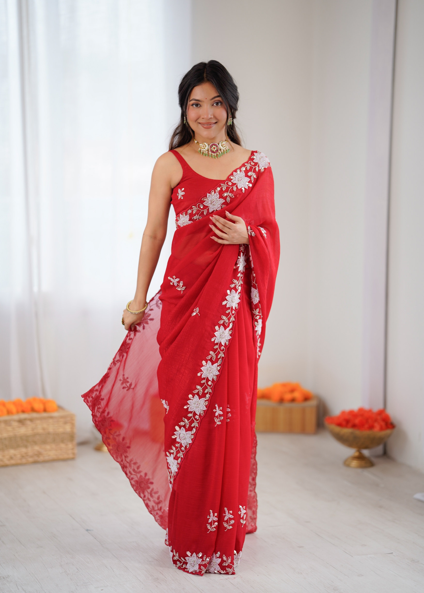 Red Floral Sequins Fendy Satin Saree