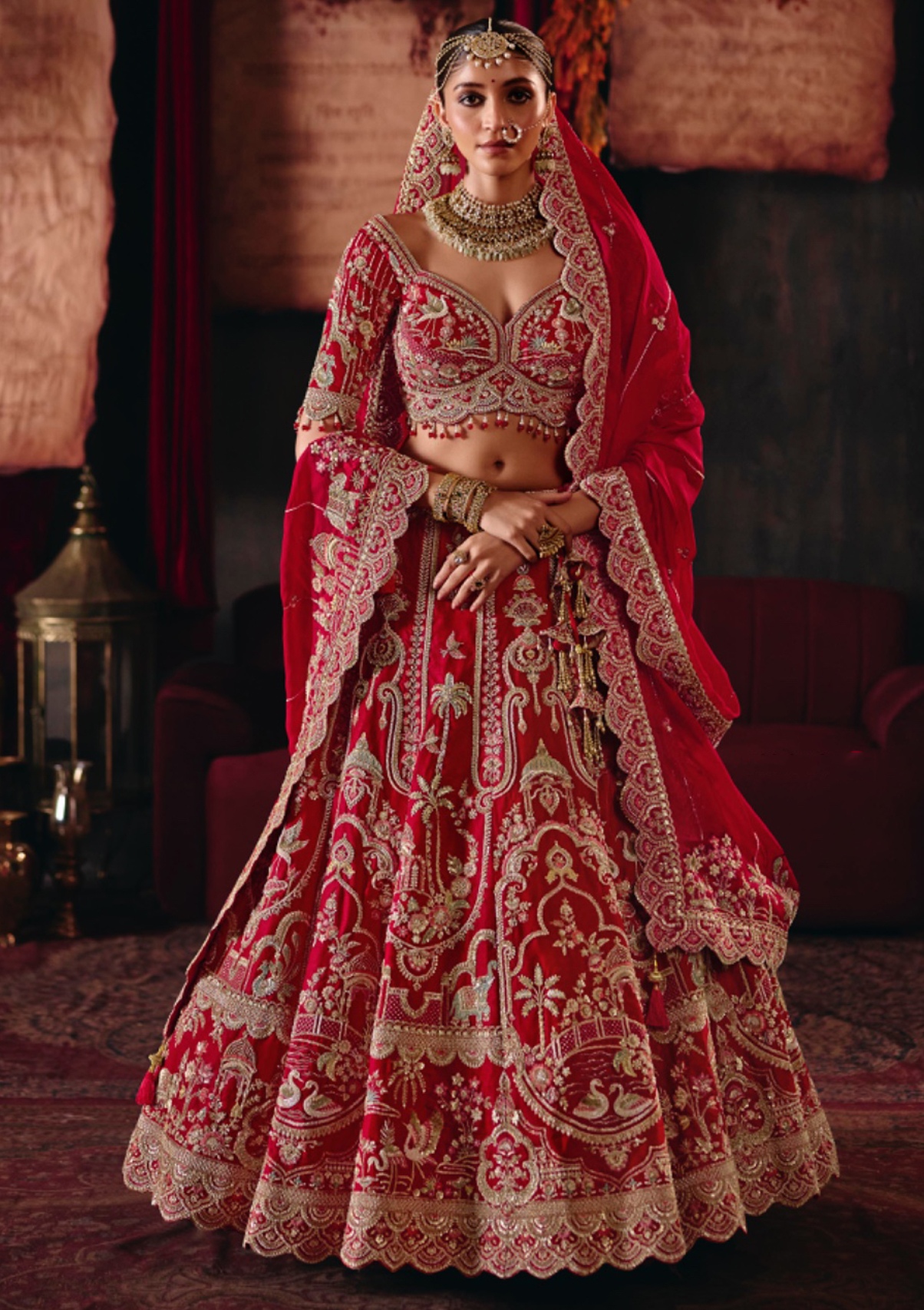 Red Floral Silk Flared Lehenga Choli