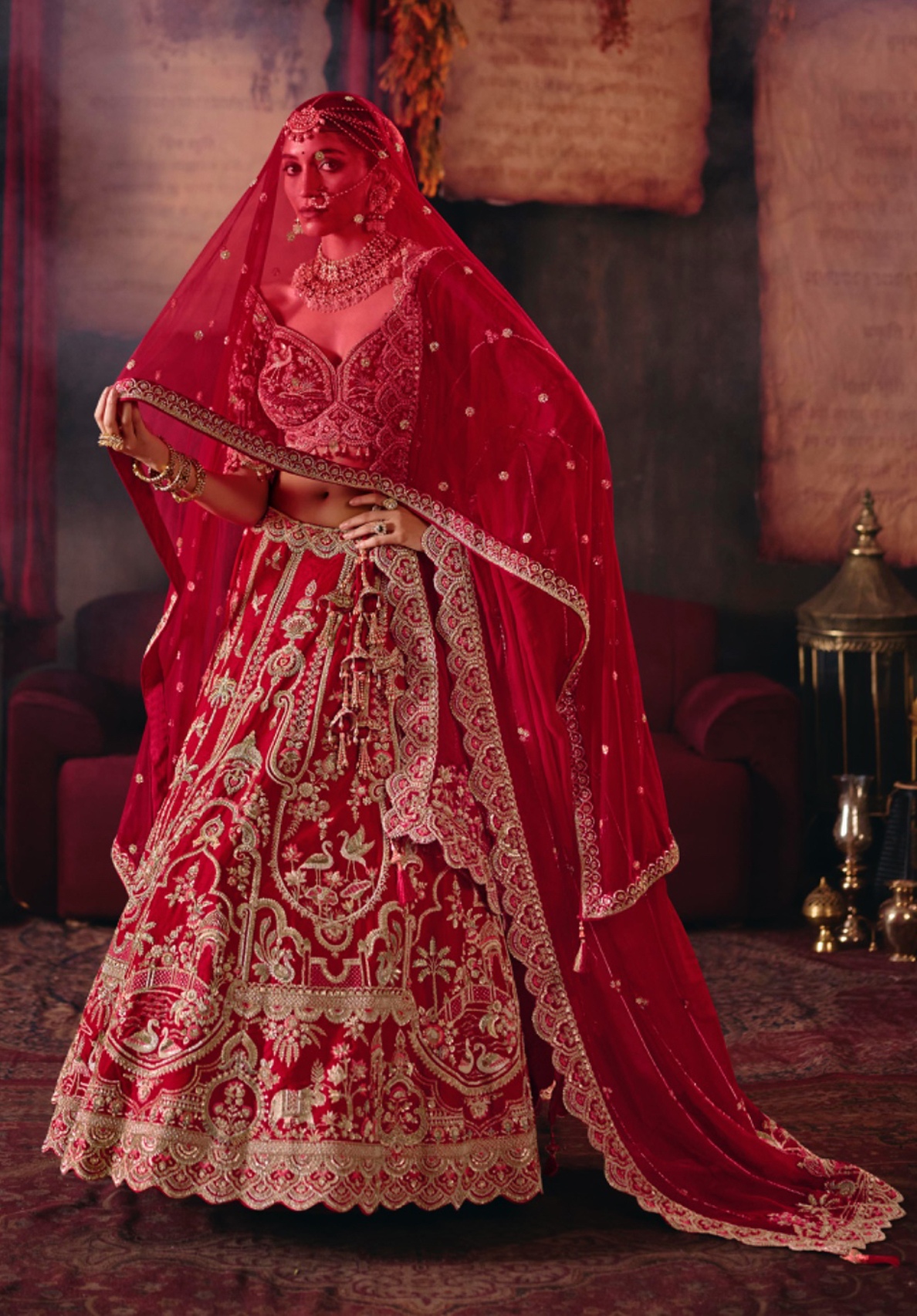 Red Floral Silk Flared Lehenga Choli