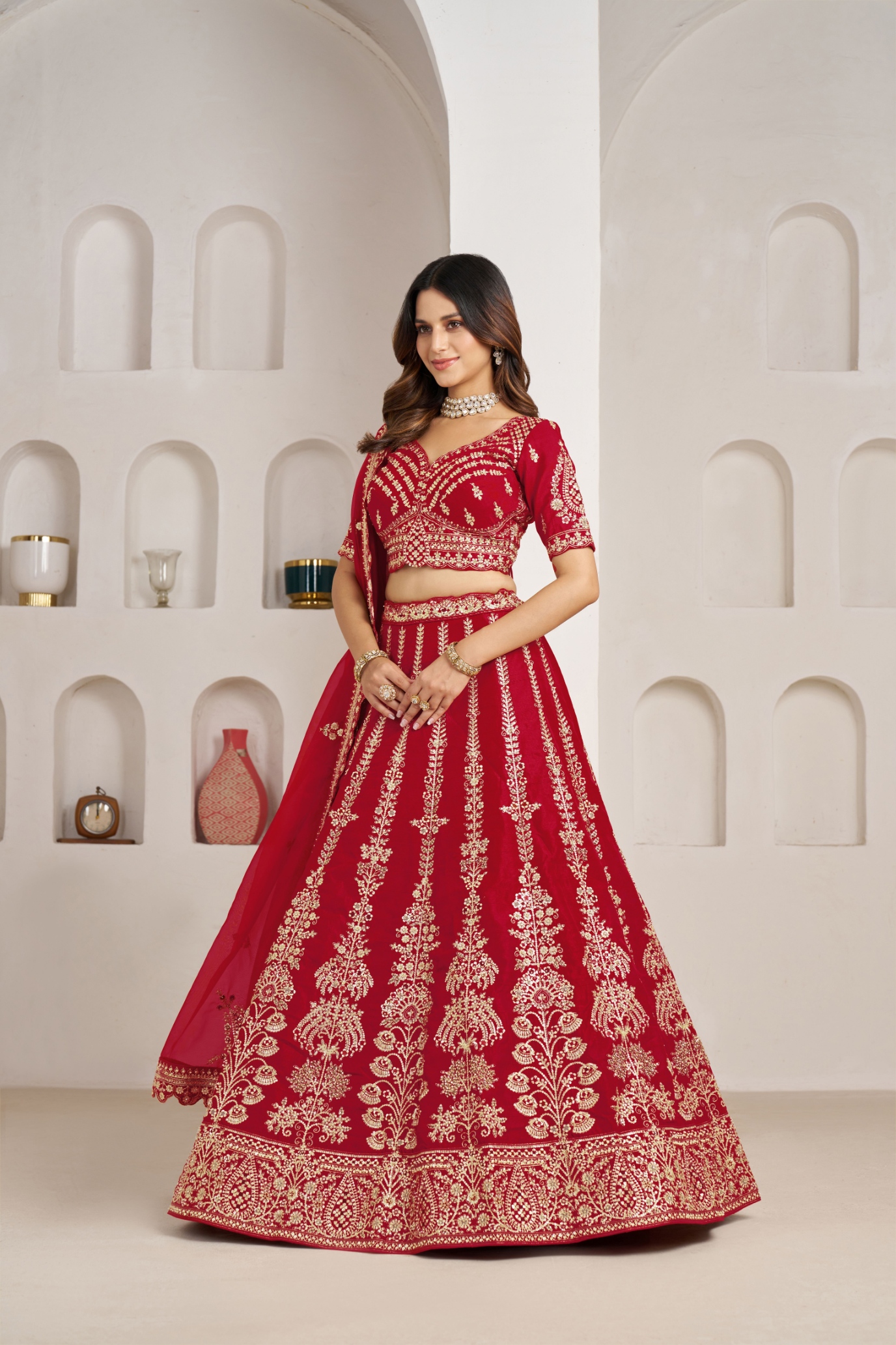Red Floral Trellis Handwork Silk Bridal Lehenga Choli