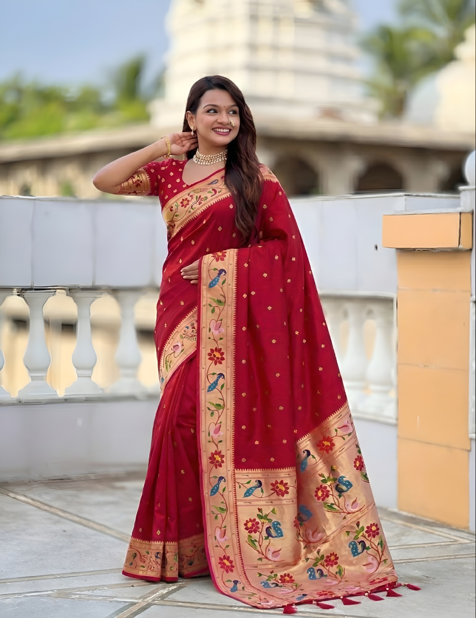 Red Floral Woven Silk Saree