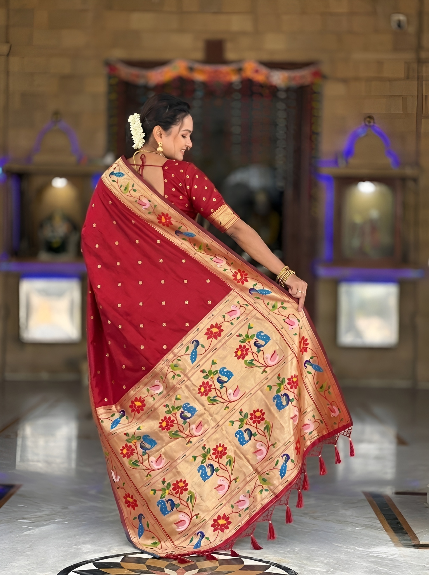 Red Floral Woven Silk Saree — alternate view