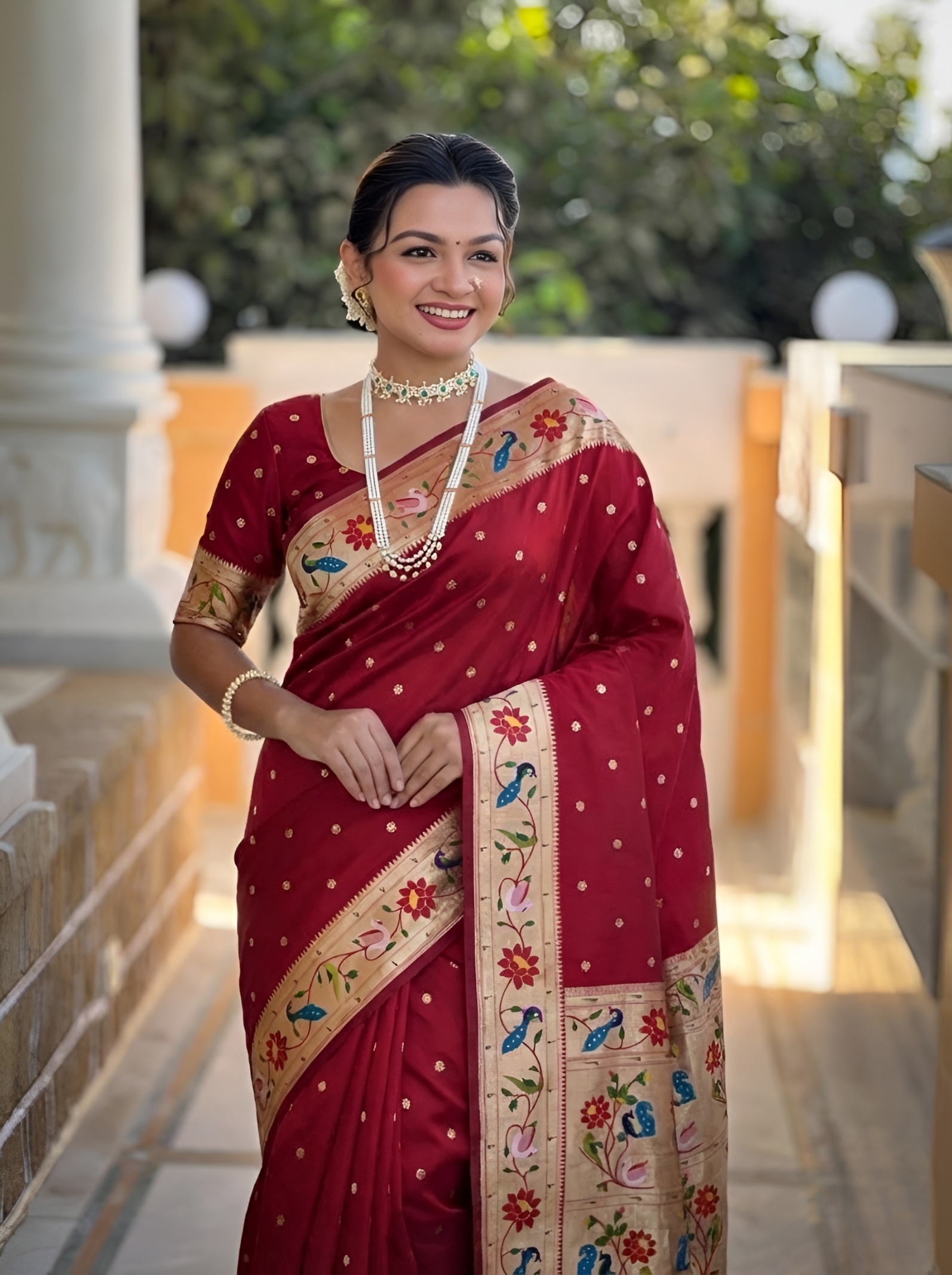Red Floral Woven Silk Saree