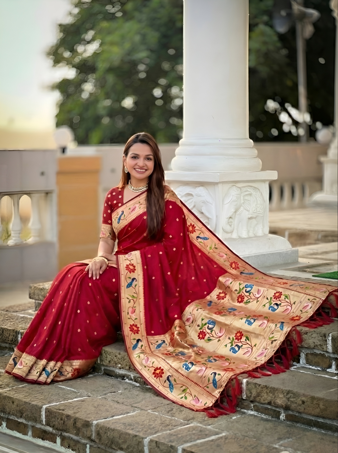 Red Floral Woven Silk Saree