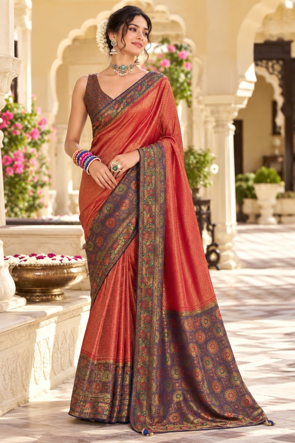 Red Floral Woven Work Satin Tissue Saree