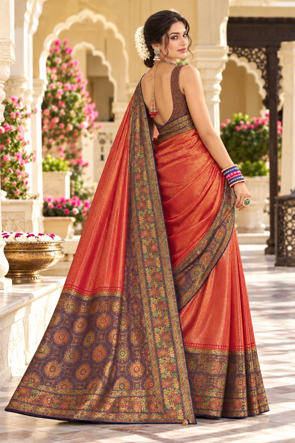 Red Floral Woven Work Satin Tissue Saree — alternate view