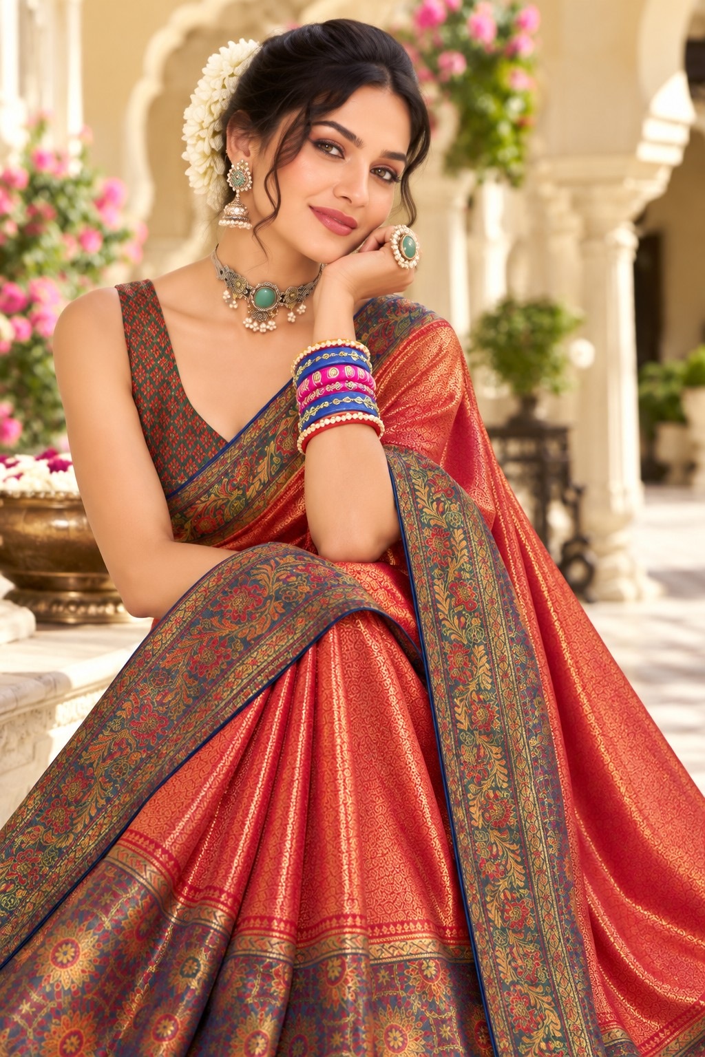 Red Floral Woven Work Satin Tissue Saree