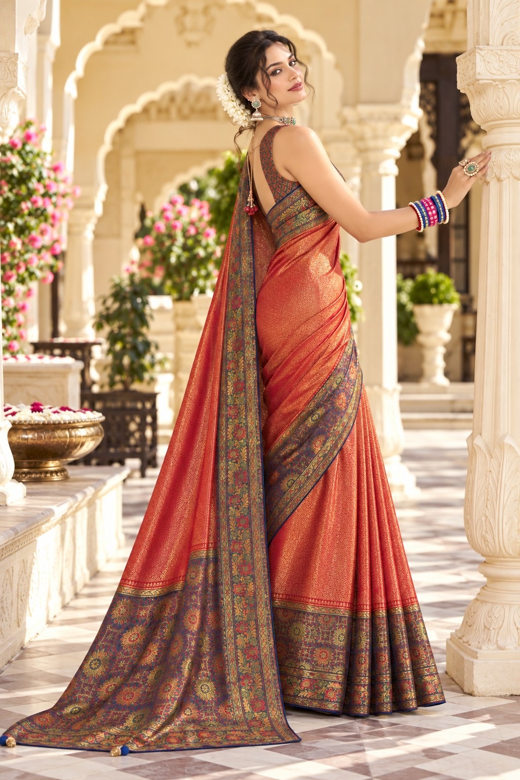 Red Floral Woven Work Satin Tissue Saree