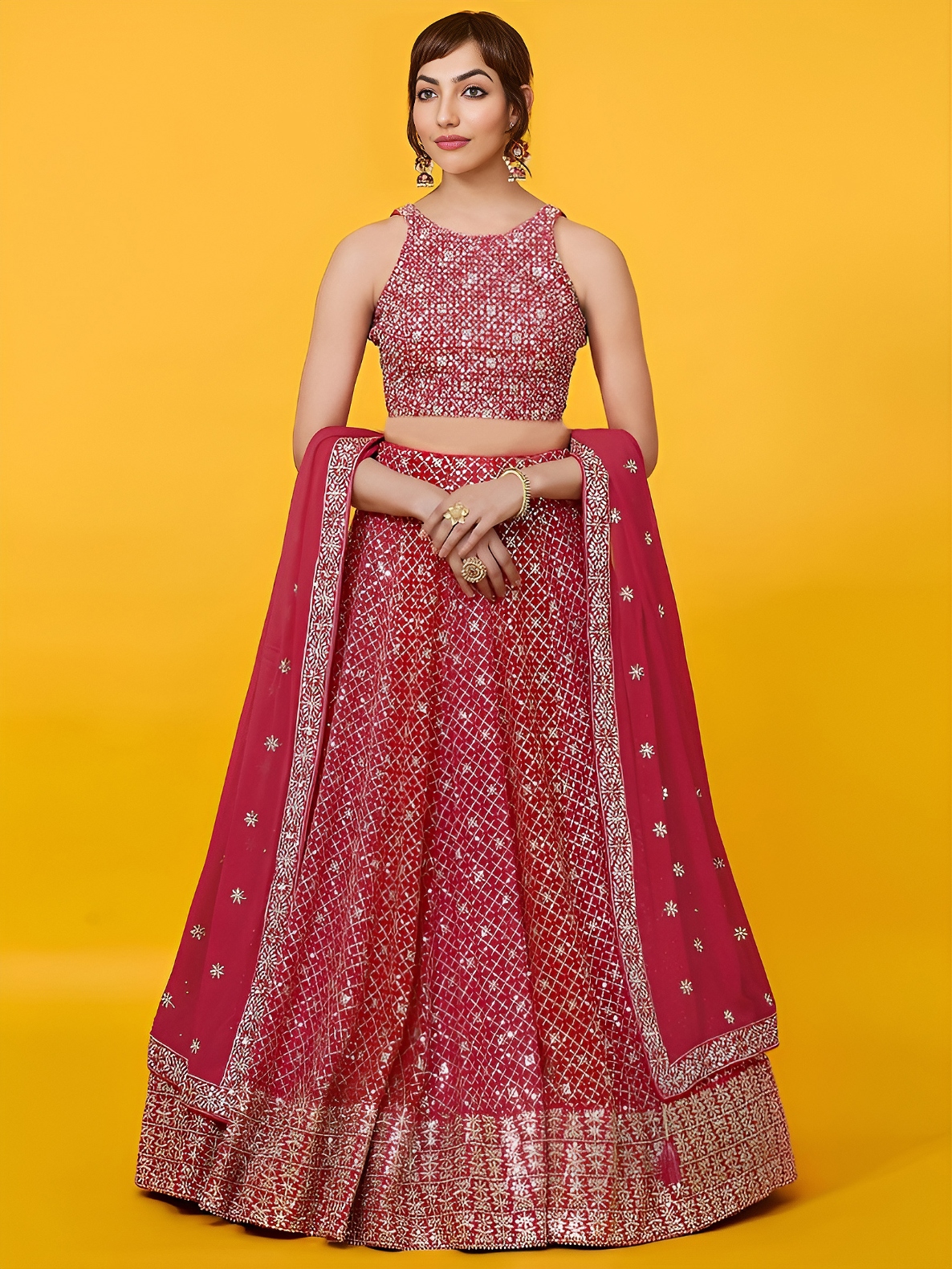 Red Geometric Embroidery Georgette Lehenga Choli