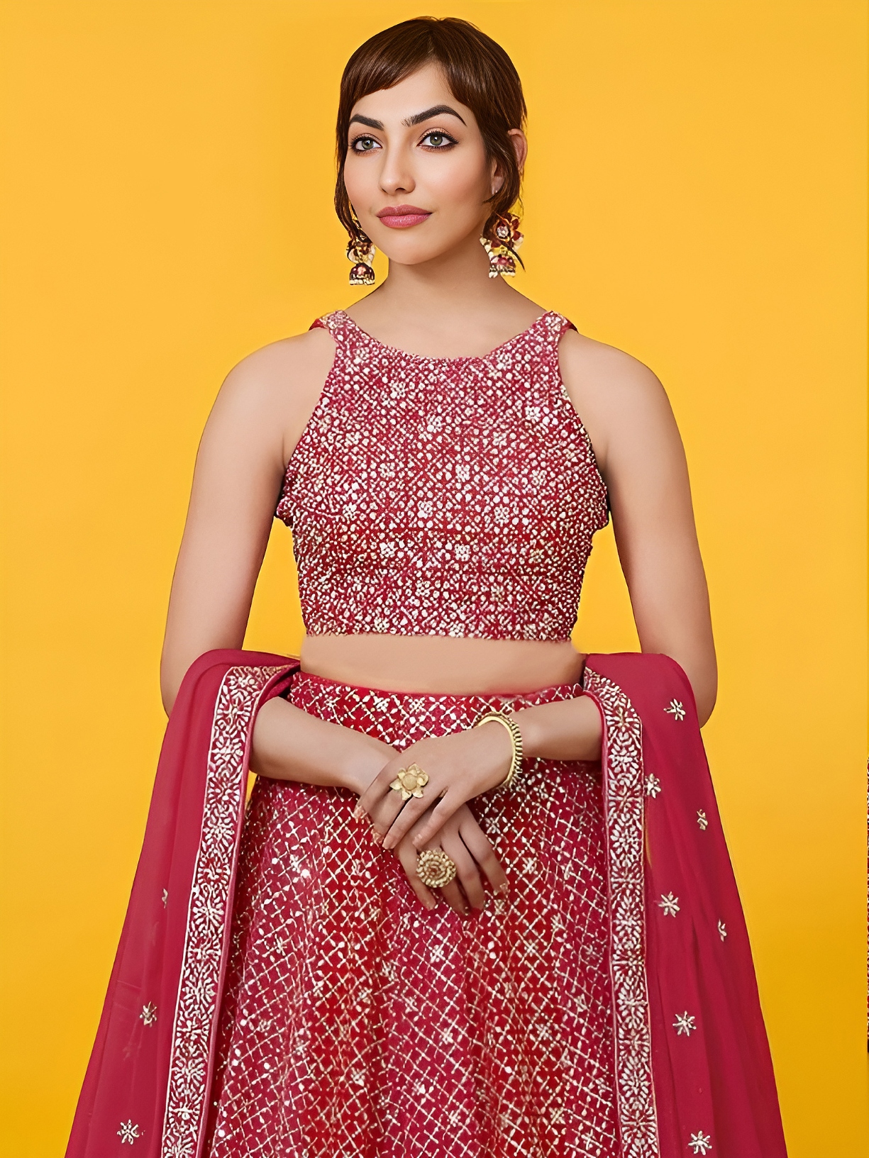 Red Geometric Embroidery Georgette Lehenga Choli